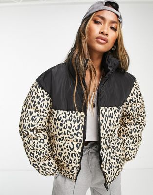 Only colour block padded jacket in leopard & black