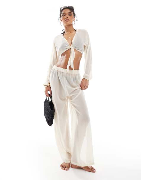 ONLY - Completo da spiaggia crema con top allacciato sul davanti e pantaloni - view 1
