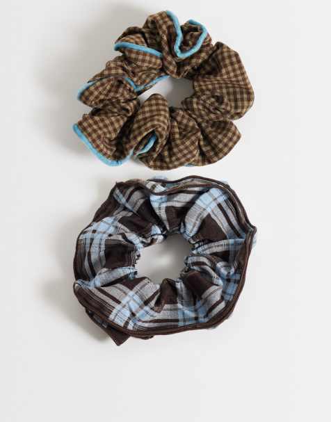 Only confezione da 2 scrunchies a quadri marroni e blu - view 1