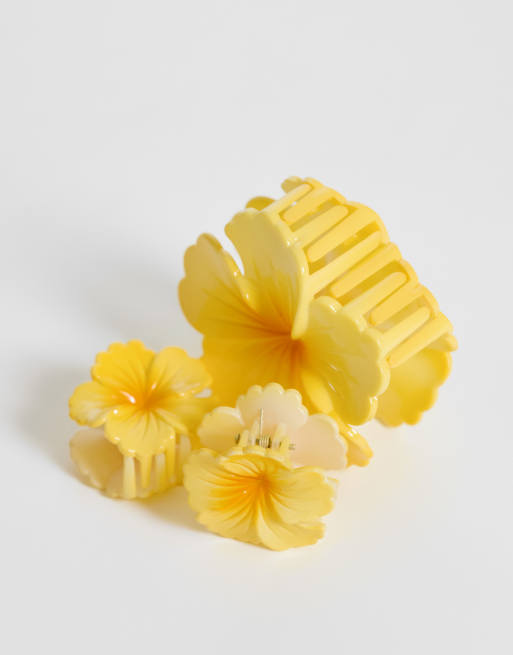 ONLY - Confezione da 3 pinze per capelli a forma di fiori gialli, 2 di 3