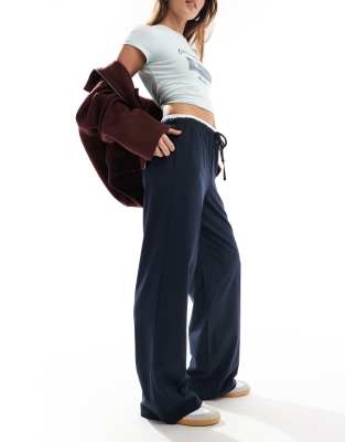 Only Constrast Waistband Loose Fit Tailored Pants In Navy