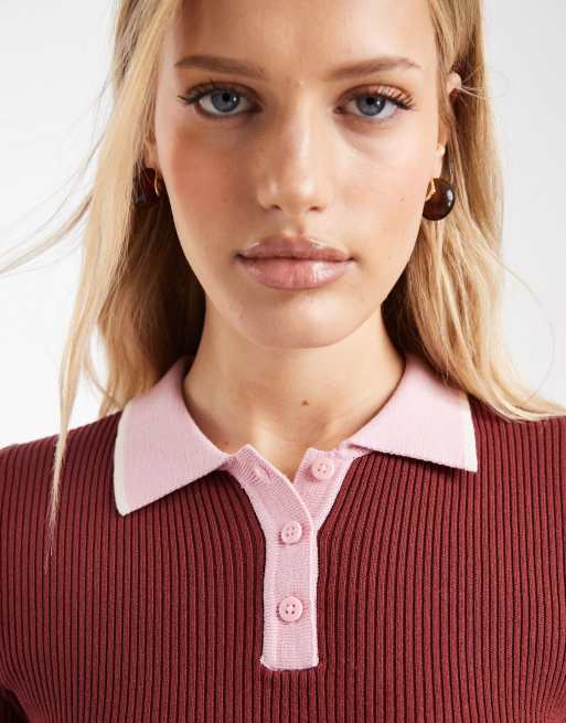 ONLY contrast collar knitted polo shirt in burgundy, 2 of 4