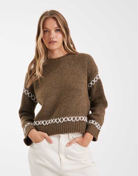 ONLY contrast detail round neck jumper in light brown - view 1