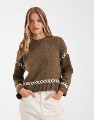 ONLY ONLY contrast details round neck jumper in light brown
