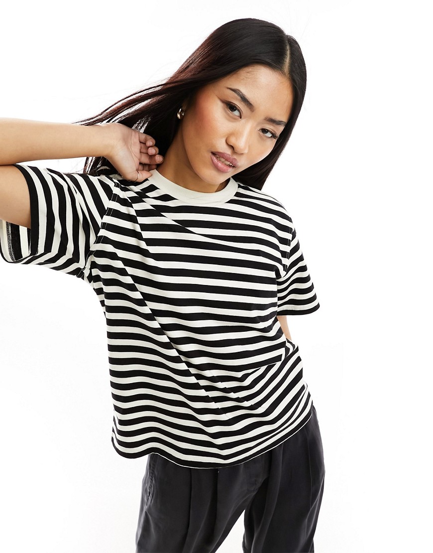 ONLY contrast neck t-shirt in black & cream stripe-White