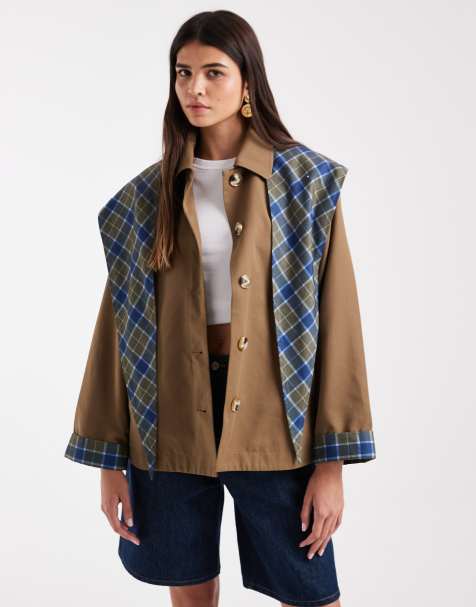 ONLY contrast sleeve trench with matching scarf in tan & lilac check - view 1