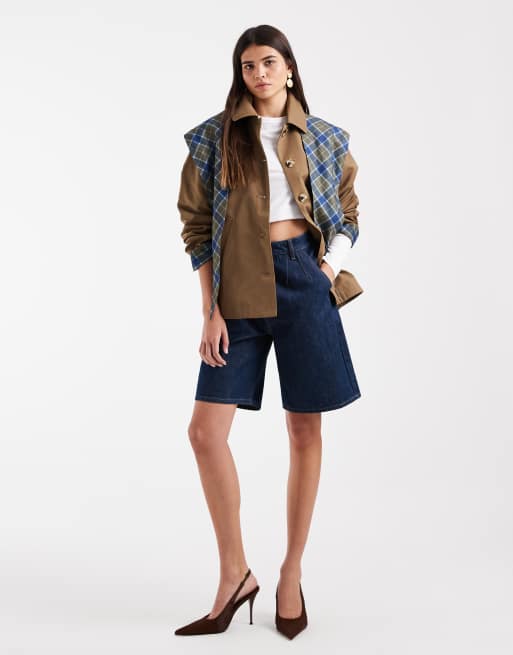 ONLY contrast sleeve trench with matching scarf in tan & lilac plaid, 2 of 4