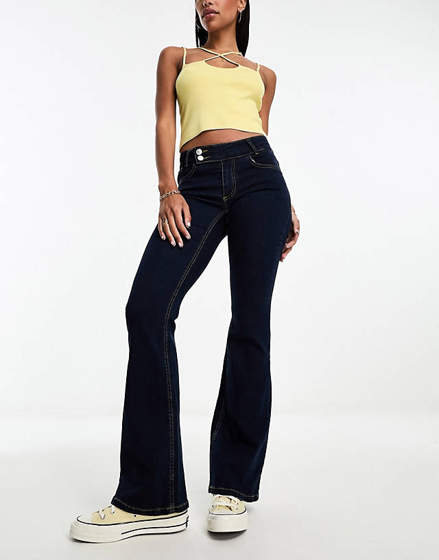 ONLY - contrast stitch flared jeans in dark blue