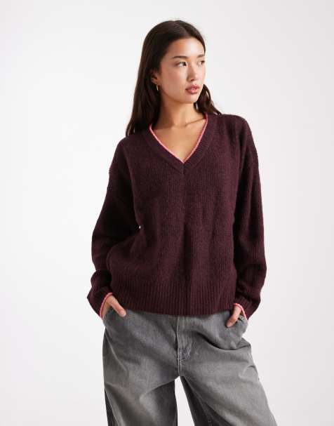 ONLY contrast stitch jumper in burgundy - view 1