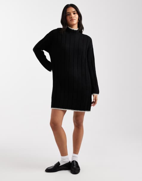 ONLY contrast stitch knit mini dress in black - view 1