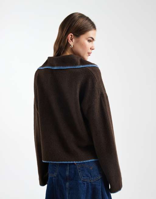 ONLY contrast stitch knit polo shirt in chocolate brown, 3 of 4
