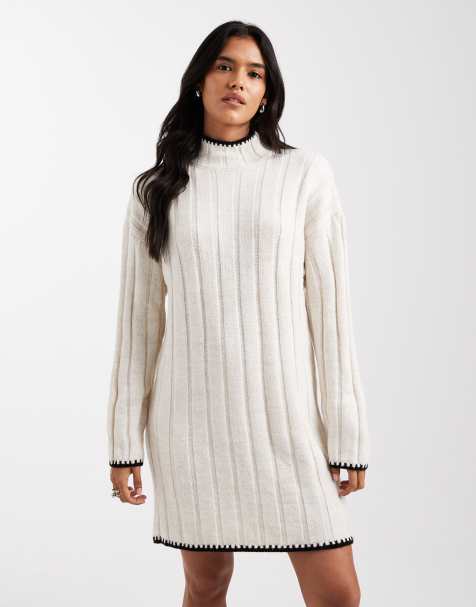 ONLY contrast stitch knitted mini dress in white - view 1