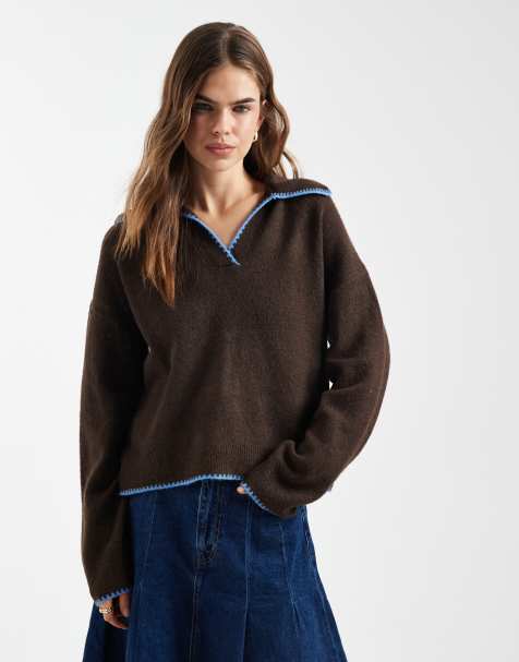 ONLY contrast stitch knitted polo in chocolate brown - view 1