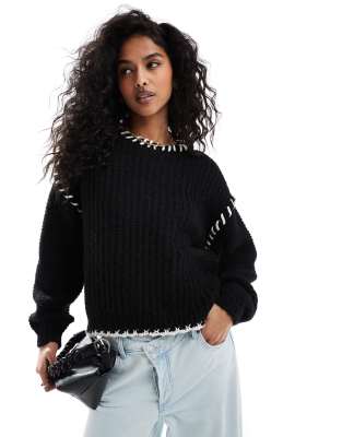 contrast stitch sweater in black