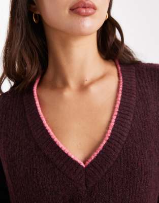 Only Contrast Stitch Sweater In Red