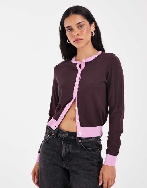 ONLY contrast trim cardigan in brown, 4 of 4