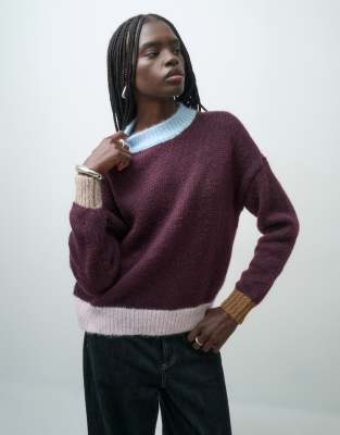 Only Contrast Trim High Neck Sweater In Burgundy