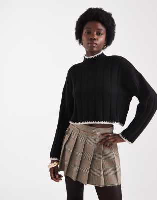 Only Contrast Trim Knit Cropped Sweater In Black