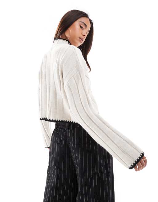 ONLY contrast trim knitted cropped sweater in stone | ASOS