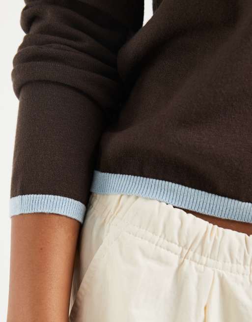 ONLY contrast trim light knit top in brown, 3 of 4