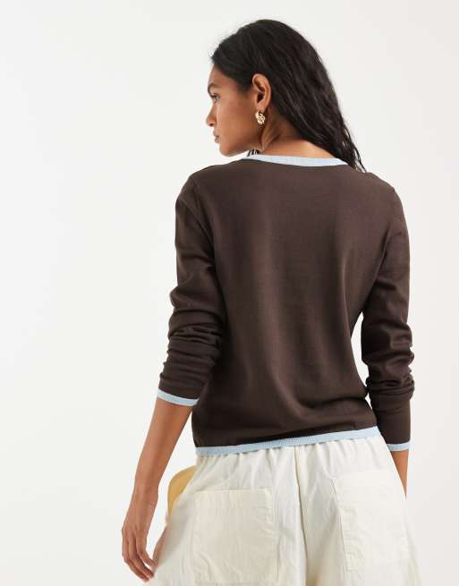 ONLY contrast trim light knit top in brown, 4 of 4