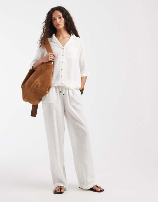 ONLY - Coordinato bianco in misto lino con camicia a maniche corte e pantaloni a fondo ampio in misto lino