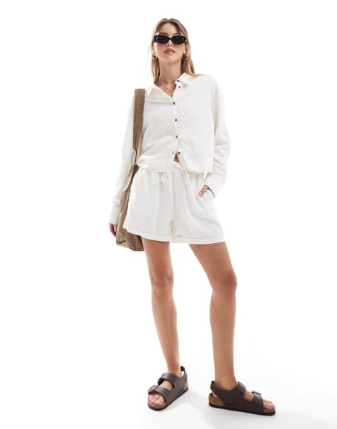 ONLY - Coordinato bianco in misto lino con camicia e pantaloncini con cuciture a contrasto - view 1