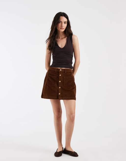 ONLY cord button through mini skirt in light brown, 2 of 5