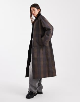 ONLY cord collar longline barn jacket in brown check