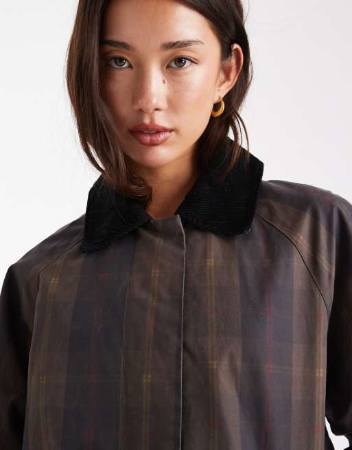ONLY cord collar longline barn jacket in brown checks
