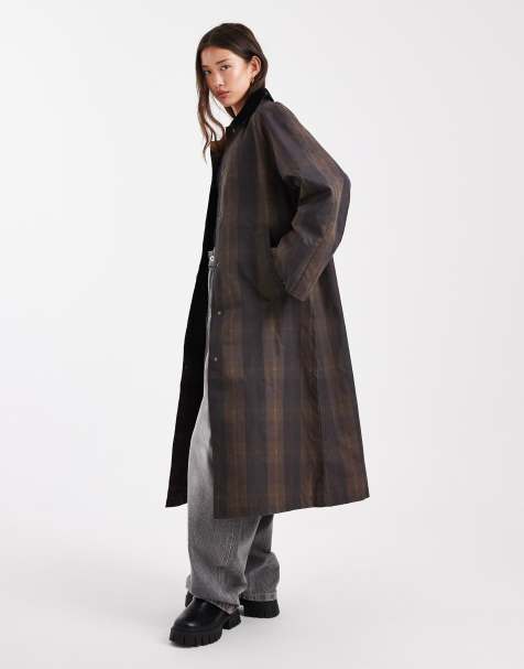 ONLY cord collar longline barn jacket in brown checks