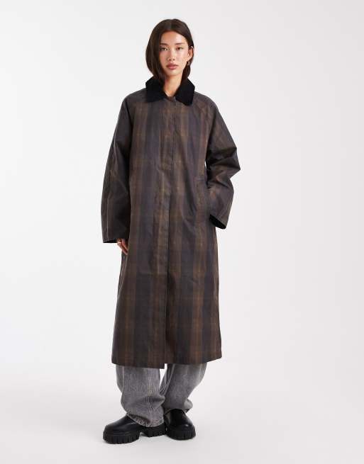 ONLY cord collar longline barn jacket in brown checks, 4 of 4
