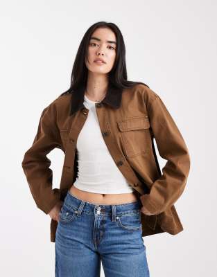 ONLY ONLY cord collared long barn jacket in brown