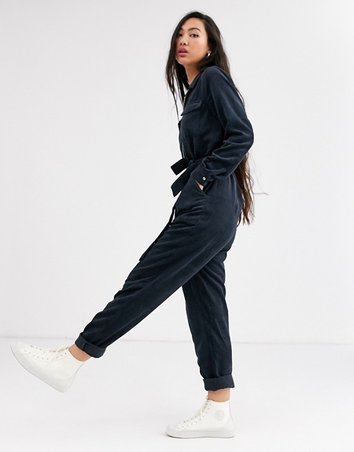 Only cord jumpsuit with belted waist in black