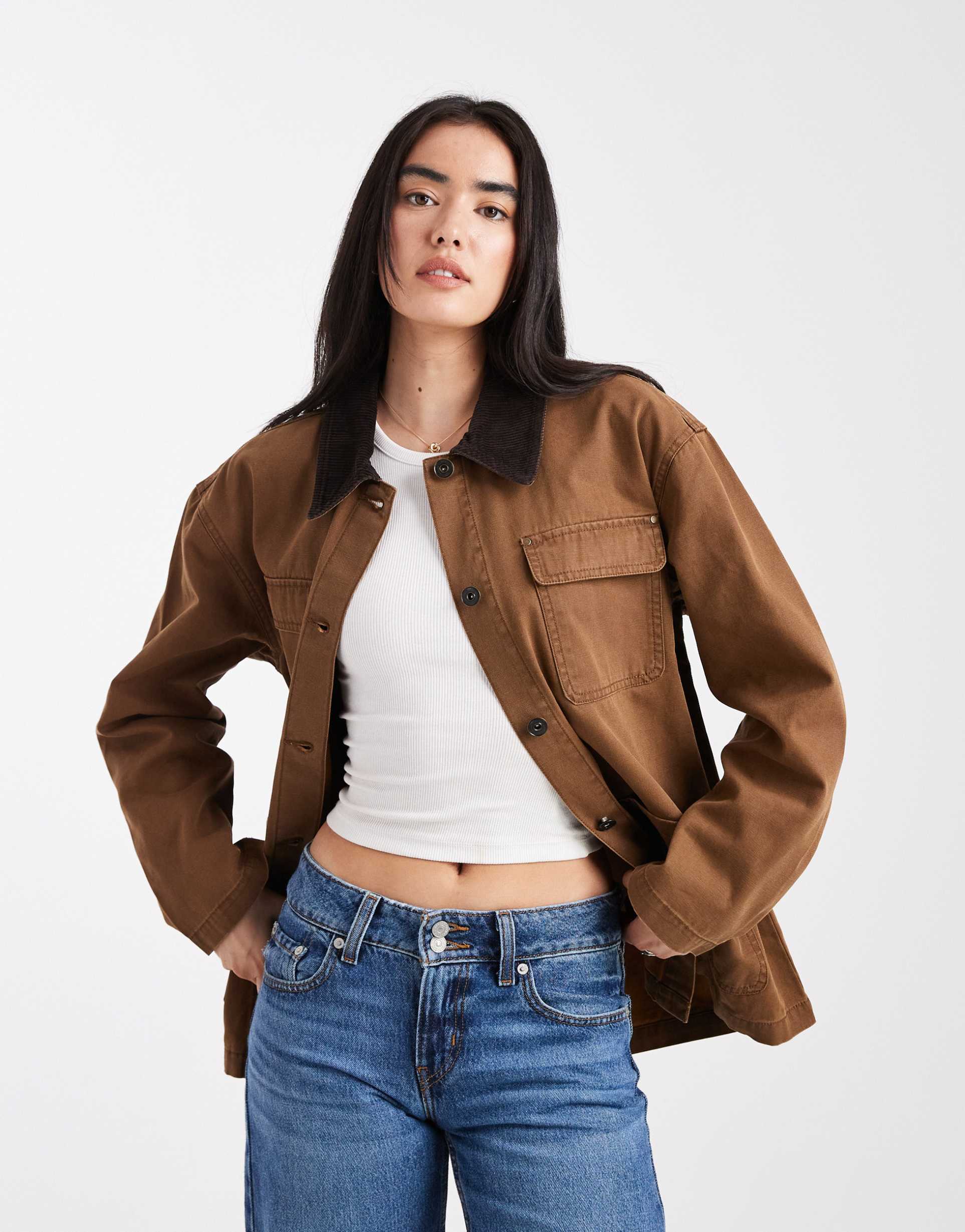 only corduroy collared long barn jacket in brown