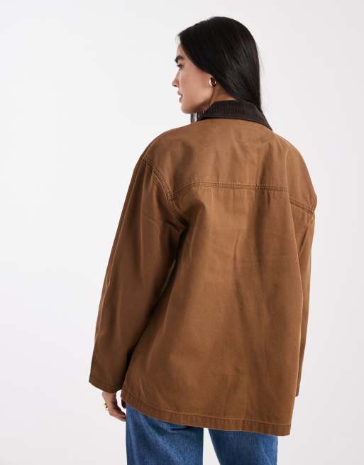 ONLY corduroy collared long barn jacket in brown
