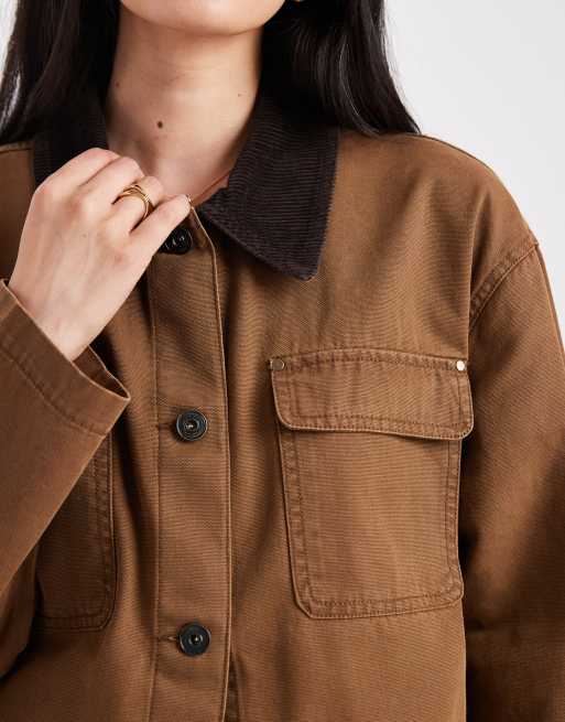 ONLY corduroy collared long barn jacket in brown