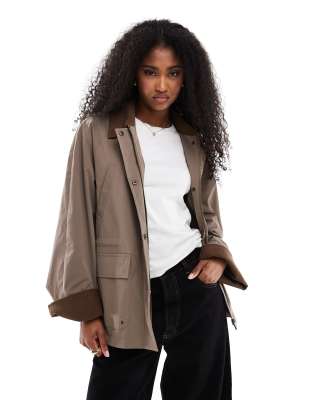 Only Corduroy Detail Long Jacket In Brown