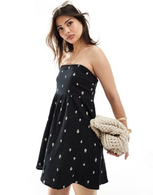 Only Cotton Bandeau Mini Dress With Leaf Print In Black