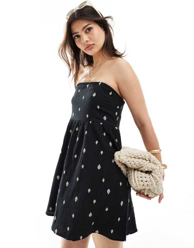 ONLY - cotton bandeau mini dress with leaf print in black