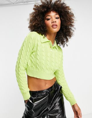 Only cotton cropped cable knit polo jumper in lime - ASOS Price Checker