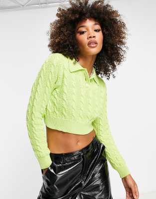 Only cotton cropped cable knit polo jumper in lime-Green