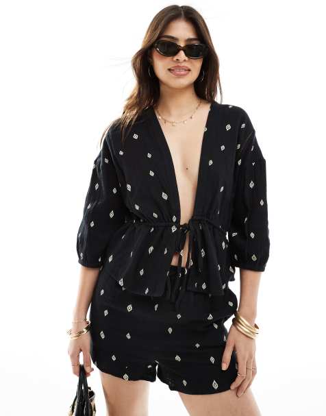 ONLY cotton tie front top co-ord with leaf print in black  - view 1