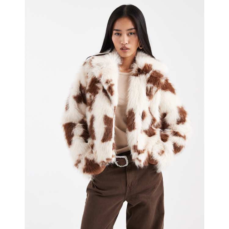 ONLY cow print faux fur short jacket in brown | ASOS