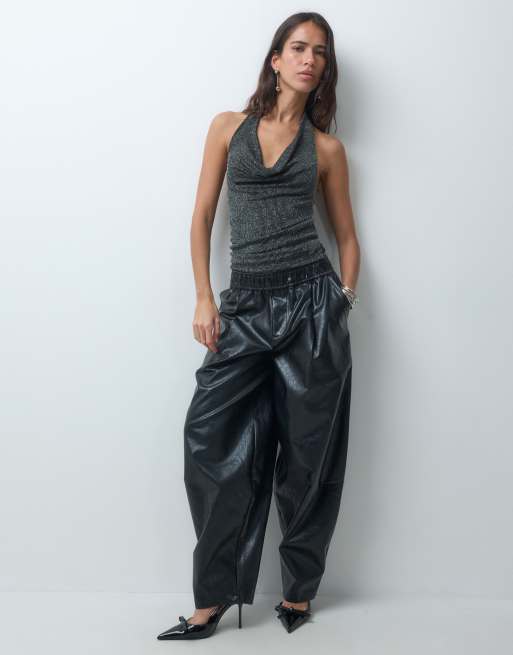 ONLY cowl halterneck sleeveless glitter top in black, 4 of 4