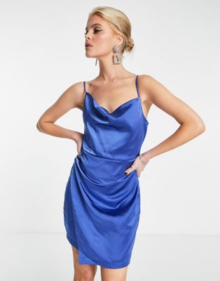 ONLY cowl neck cami wrap satin mini dress in bright blue