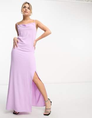 cowl neck maxi dress with side slit in lilac-Purple