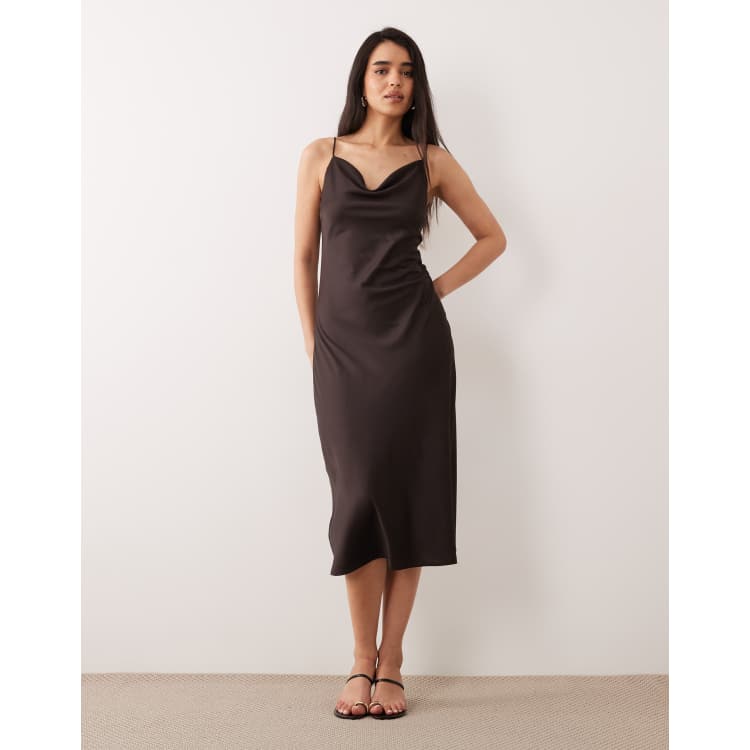 brown check cowl neck midi dress ONLY - - Women - Polyester - 4 US Luxury Satin Colors:Dark Olive