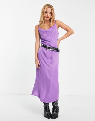 purple bridesmaid dresses asos ASOS DESIGN Bridesmaid satin bardot drape wrap maxi dress in lilac