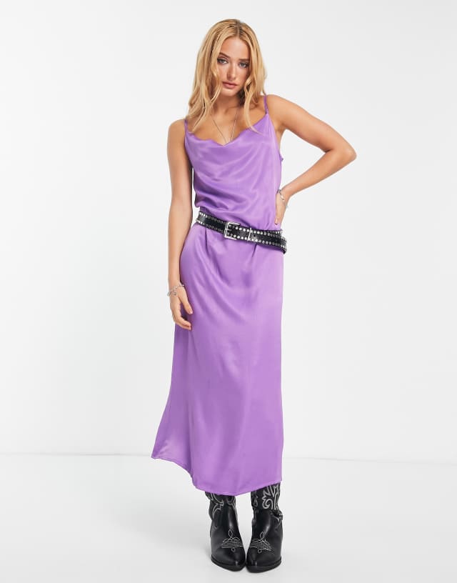 Only cowl neck satin slip maxi dress in purple